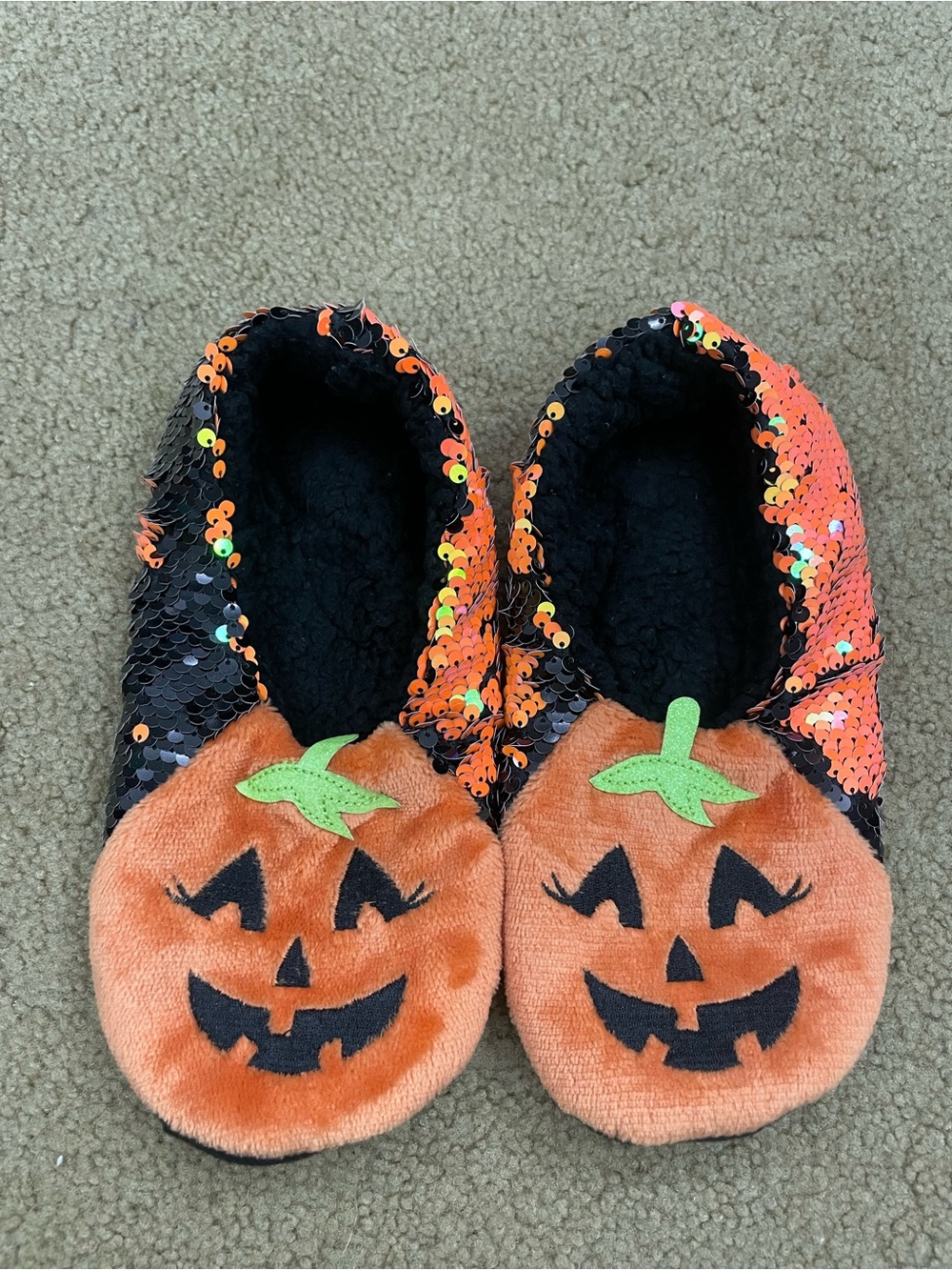 Pumpkin Sequin women’s One-Piece Slippers socks- Orange size 6